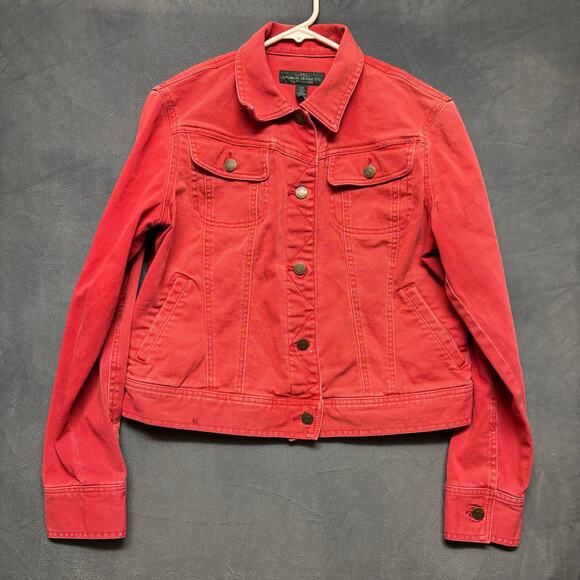 Lauren Ralph Lauren Red Denim Jacket Button Up Y2K Jean Streetwear Preppy Large - Picture 1 of 14